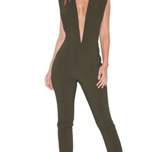 House of CB Brown Plunging V-Neck Jumpsuit